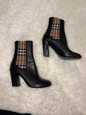 Burberry Black Leather Ankle Boots with Signature Check Panel